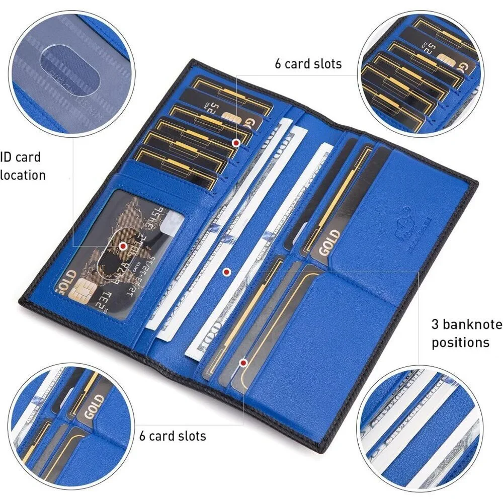 Men's Bifold Long Wallet Card Blue Real Leather Zipper Coin Pocket Design